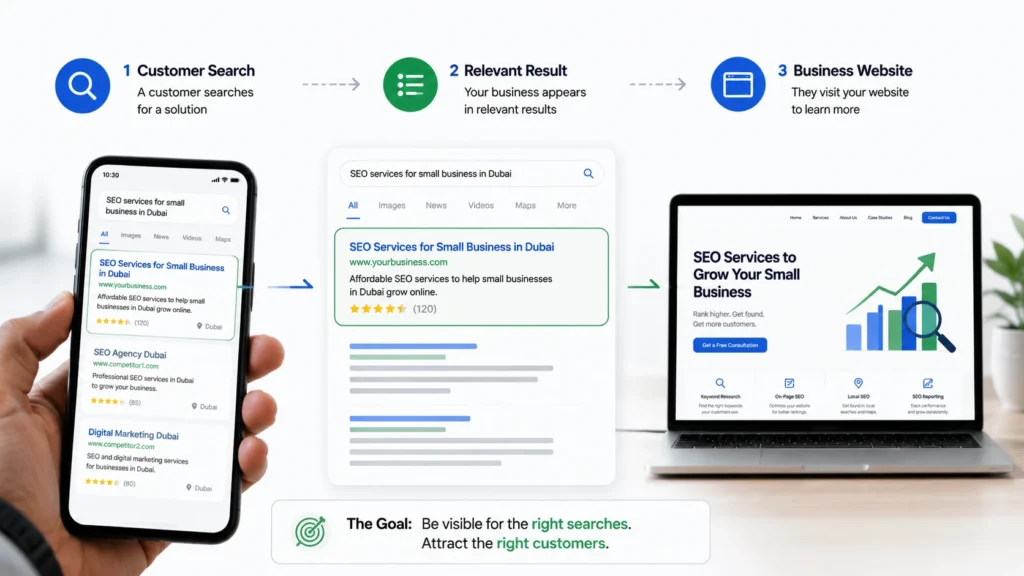 SEO services for small business in Dubai search journey showing customer search, relevant search result, and business website.