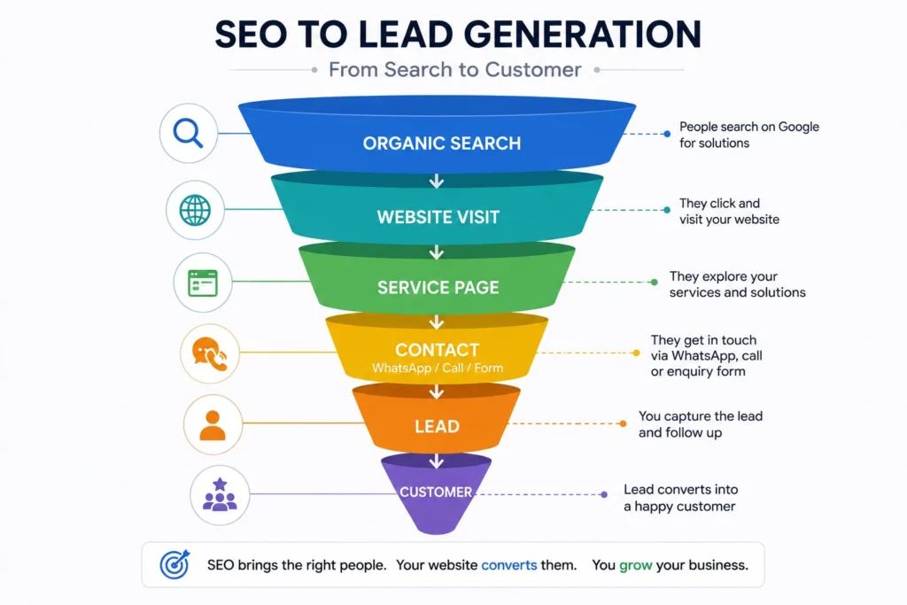 SEO lead generation funnel showing the journey from organic search to website visit, service page, contact, lead, and customer.