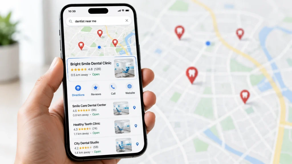 Local SEO example showing a smartphone search for “dentist near me” with nearby dental clinics, ratings, distance, directions, reviews, call, and website options.