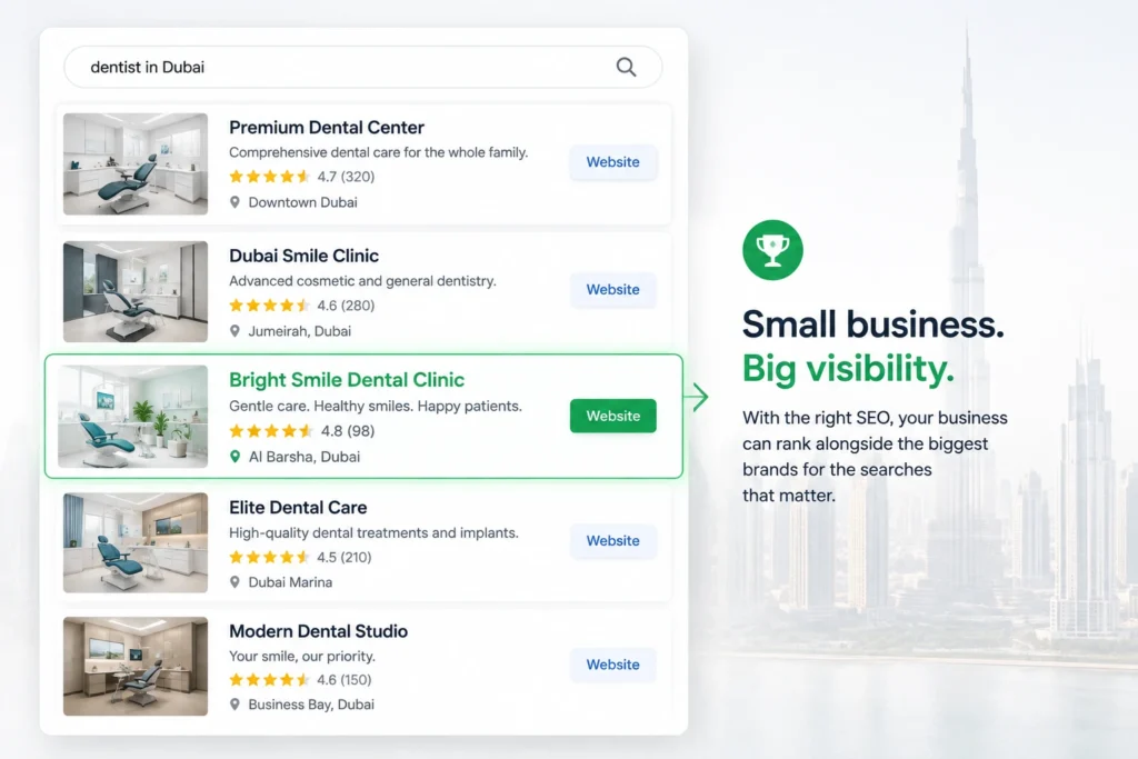 Small business SEO infographic showing a dental clinic ranking prominently for “dentist in Dubai” alongside larger competitors, with Dubai skyline in the background.
