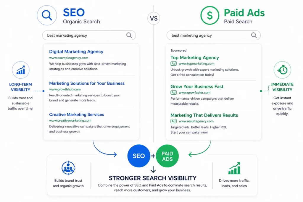 SEO vs paid ads infographic comparing organic search and paid search, showing long-term visibility from SEO, immediate visibility from paid ads, and the benefits of combining both.