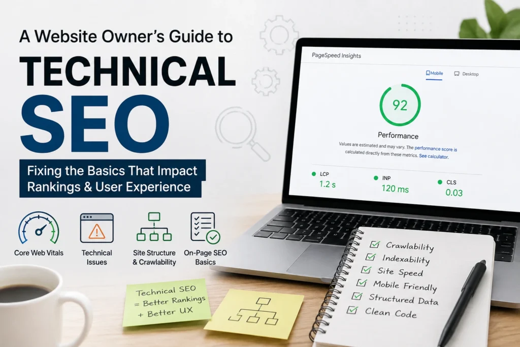 Technical SEO guide showing Core Web Vitals, site structure, crawlability, and on-page SEO basics