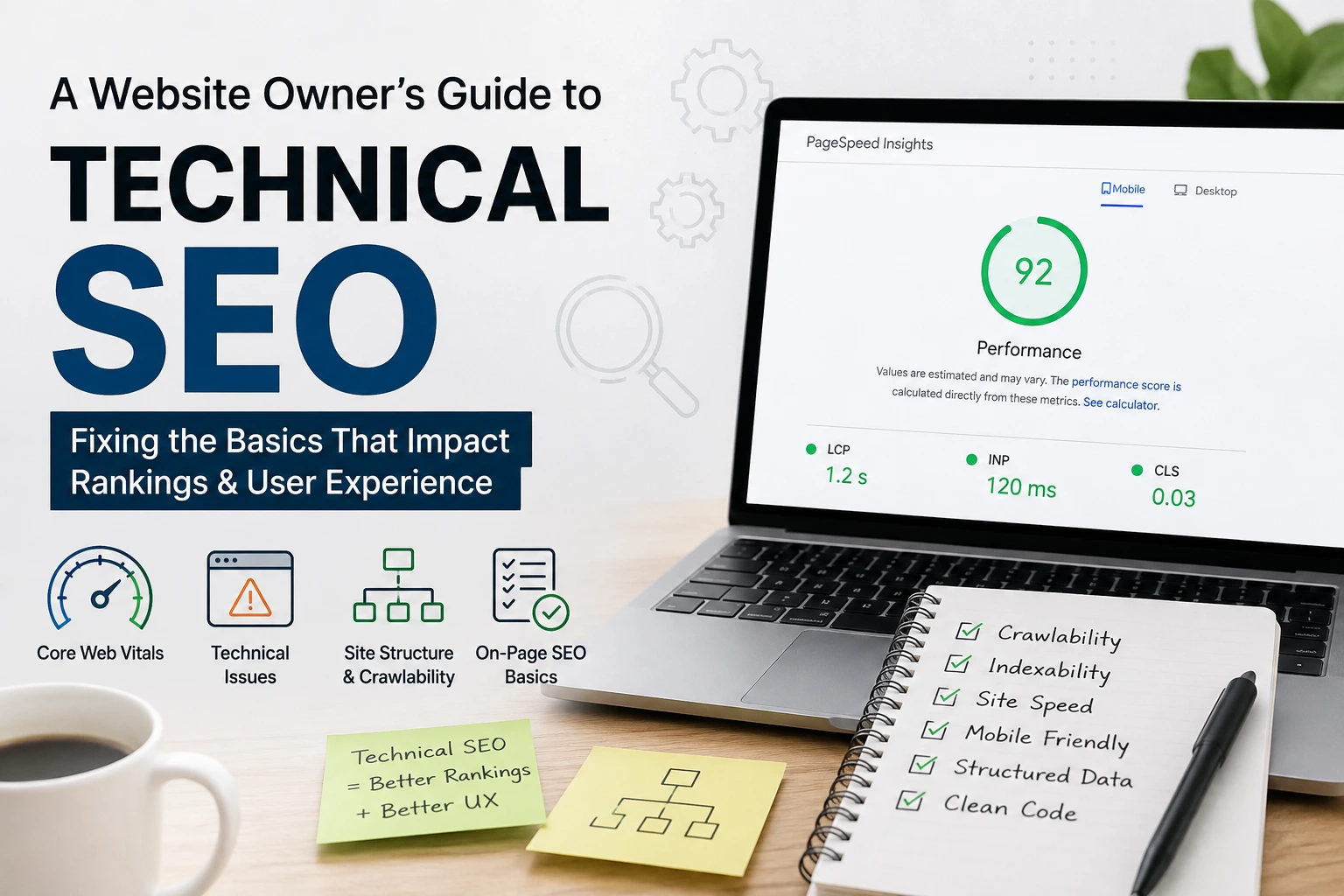 Technical SEO guide showing Core Web Vitals, site structure, crawlability, and on-page SEO basics