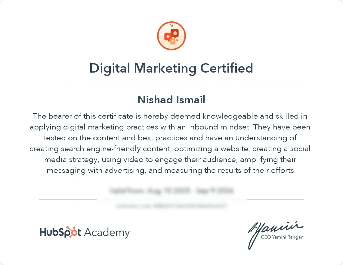 Nishad Ismail HubSpot Academy Digital Marketing certification