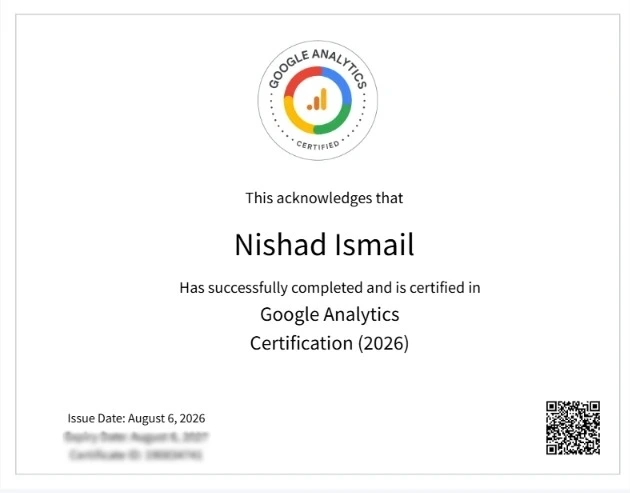 HubSpot Academy certification recognizing Nishad Ismail's knowledge of digital marketing, SEO-friendly content, website optimization, social media strategy, video marketing, advertising, and performance measurement.