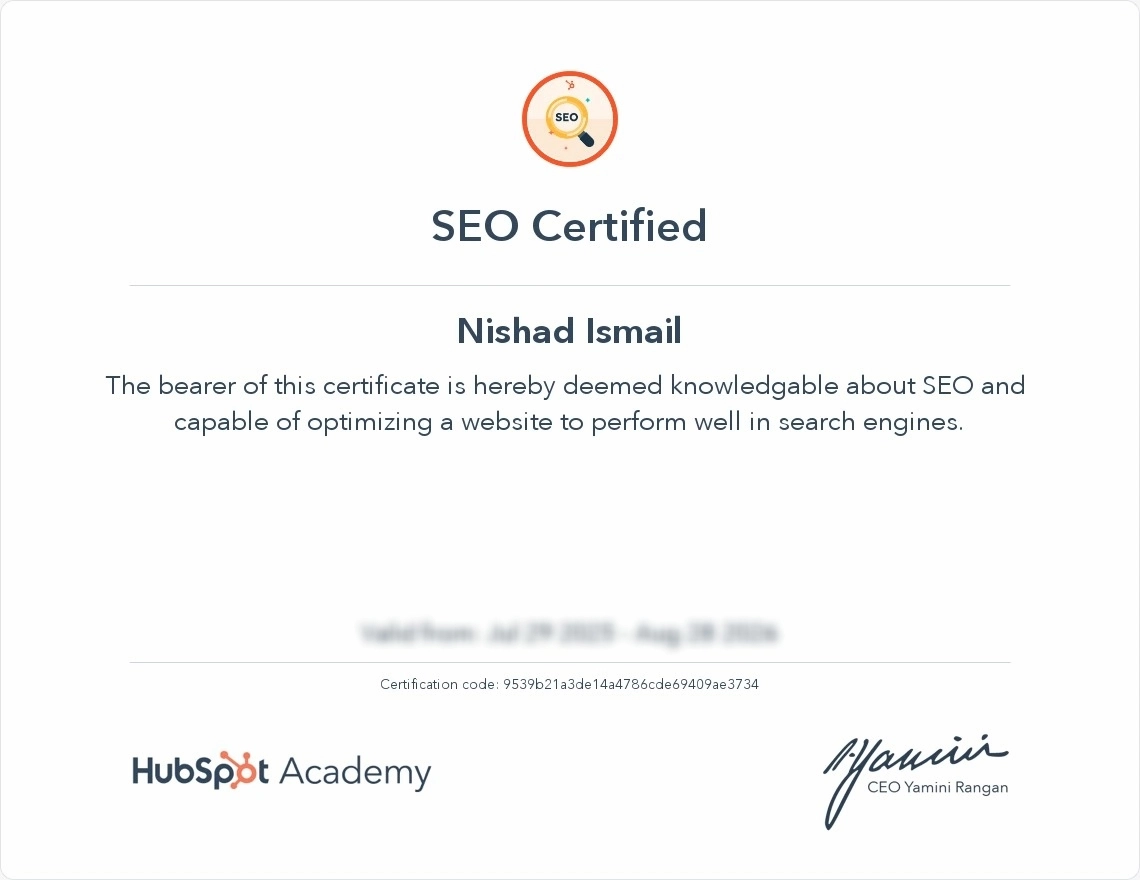 Nishad Ismail HubSpot Academy SEO certification