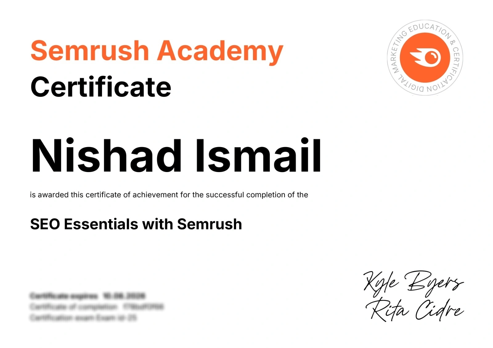 Nishad Ismail Semrush Academy certificate for SEO Essentials
