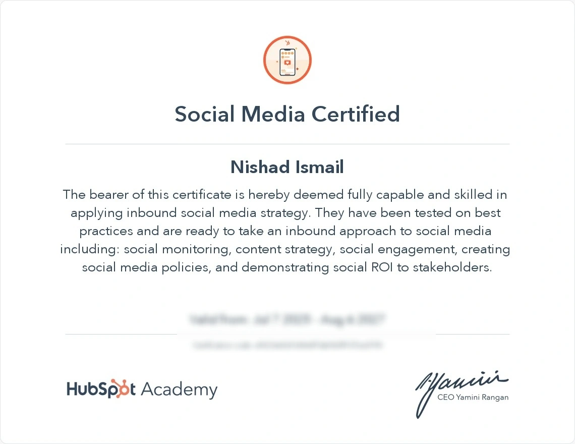 Nishad Ismail HubSpot Academy Social Media certification