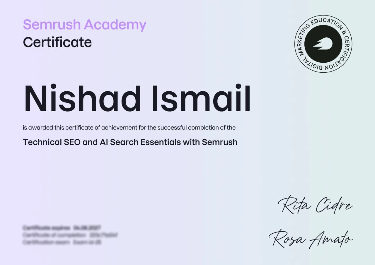 Nishad Ismail Semrush Academy certificate for Technical SEO and AI Search Essentials